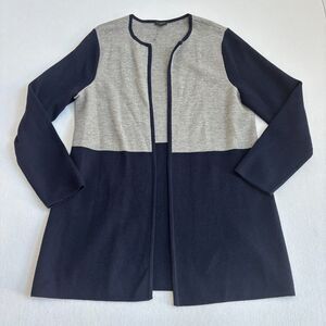 Talbots Long Wool Cardigan Sweater Women's XLP Gray Navy Preppy Office Cozy Warm